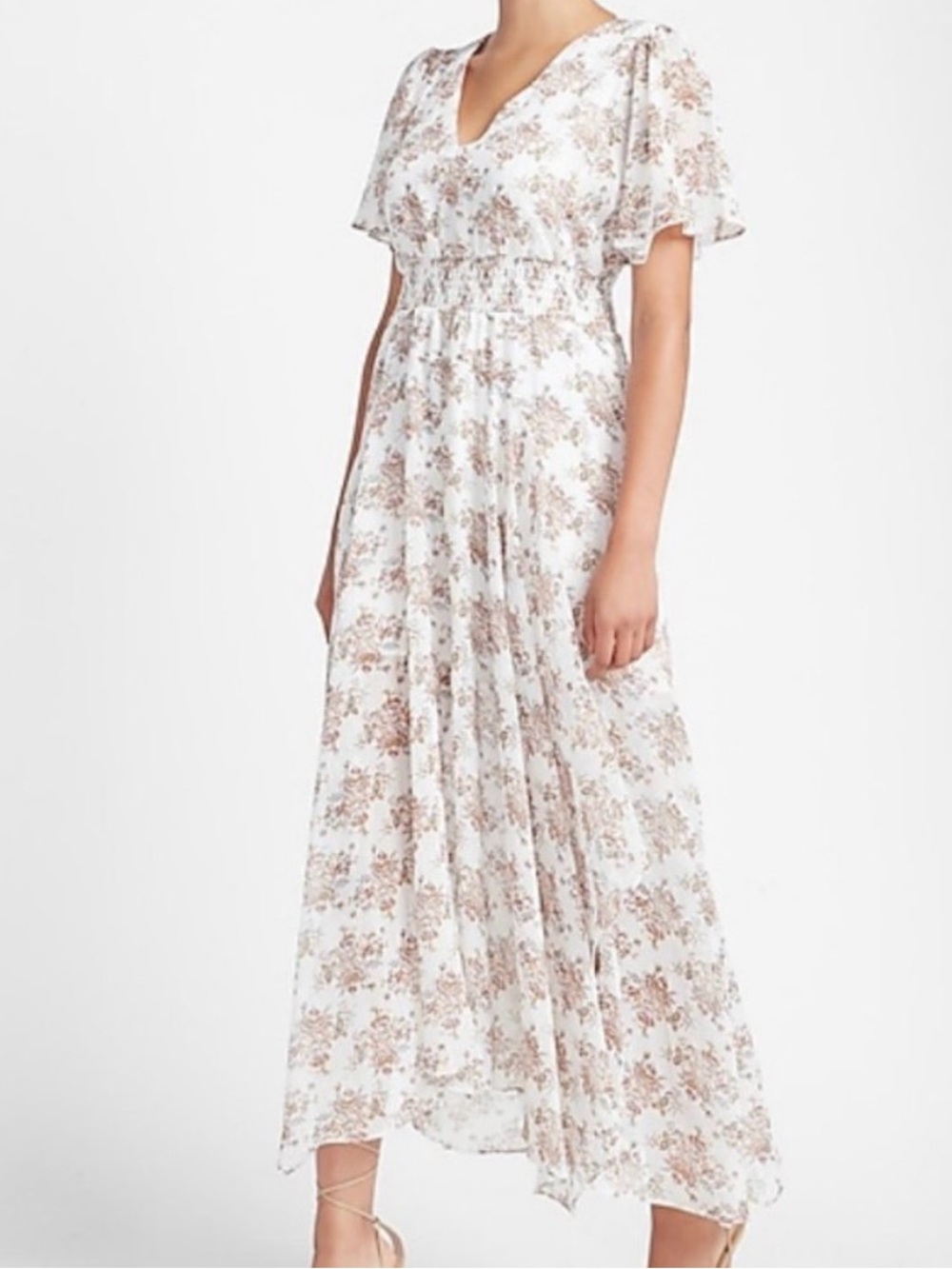Express Floral V-Neck Maxi Dress in Cream and Brown